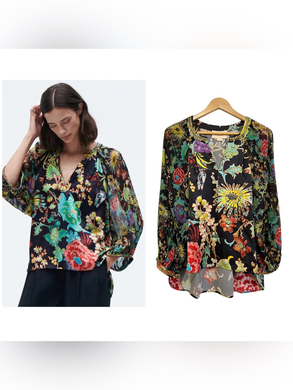 FIGUE Cristina Silk Floral Print Black V-Neck Beaded Peasant Blouse Size XS